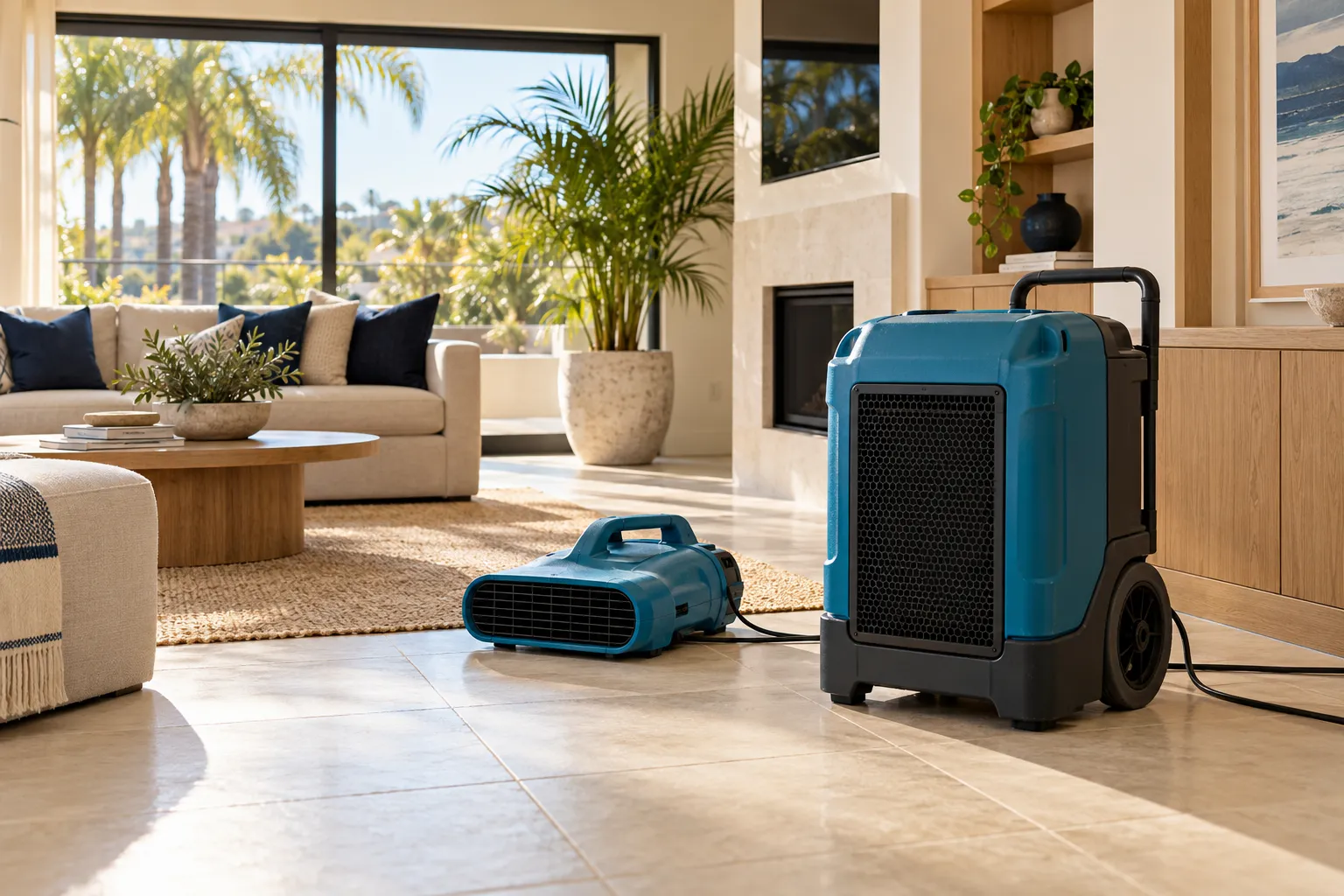 Illustrative scene of drying equipment in a Southern California living room